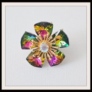 Extra Large Purple Green Blue AB Crystal Flower Ring Gold Plated STUNNING R115